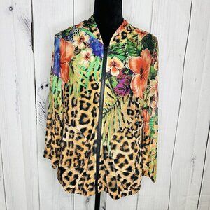 Simon Chang Floral Animal Print Over Mesh Hooded Jacket Size S Full Zip